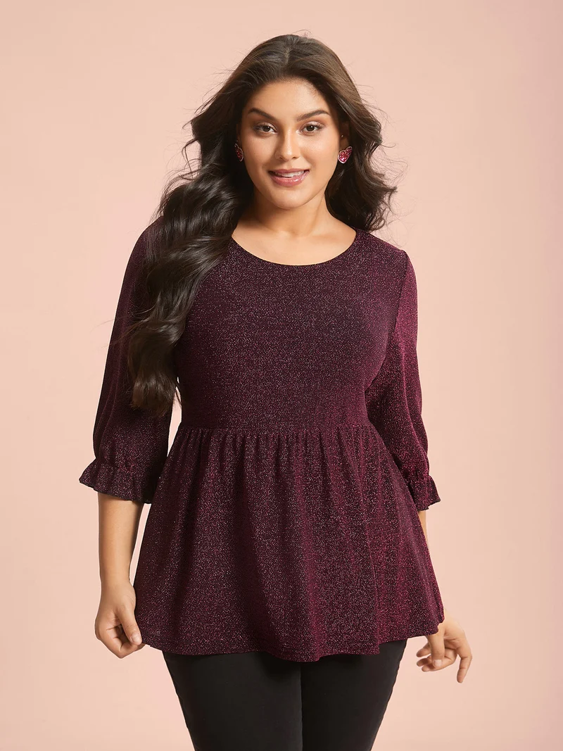 Crew Neck Luxe Ruffle Gathered Blouse