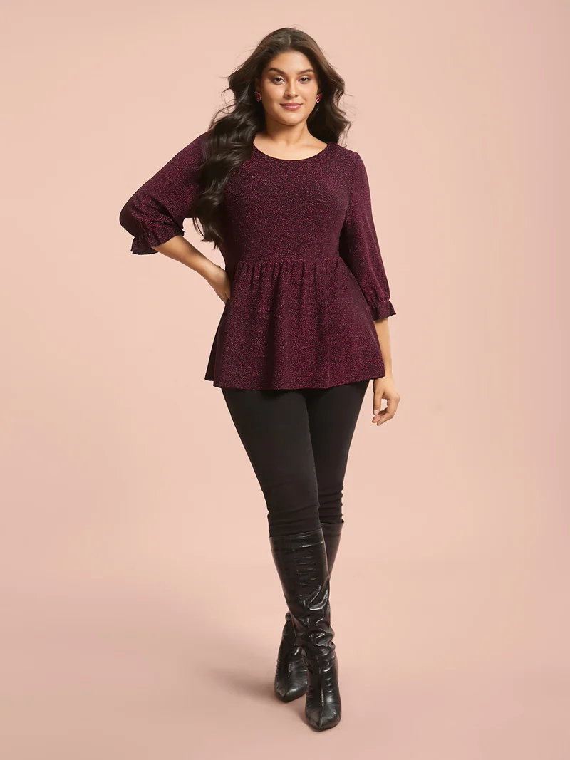 Crew Neck Luxe Ruffle Gathered Blouse