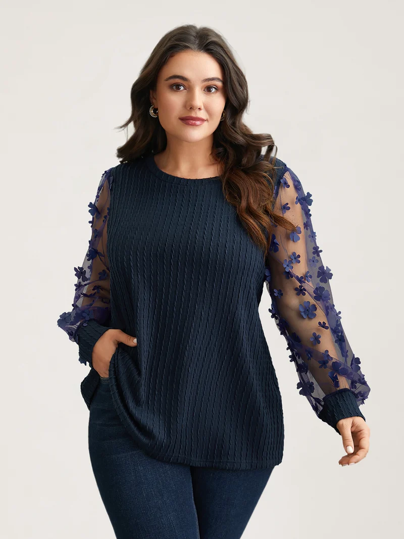 Sheer Sleeve Textured Patchwork Round Neck T-Shirt