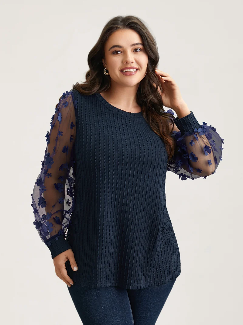 Sheer Sleeve Textured Patchwork Round Neck T-Shirt
