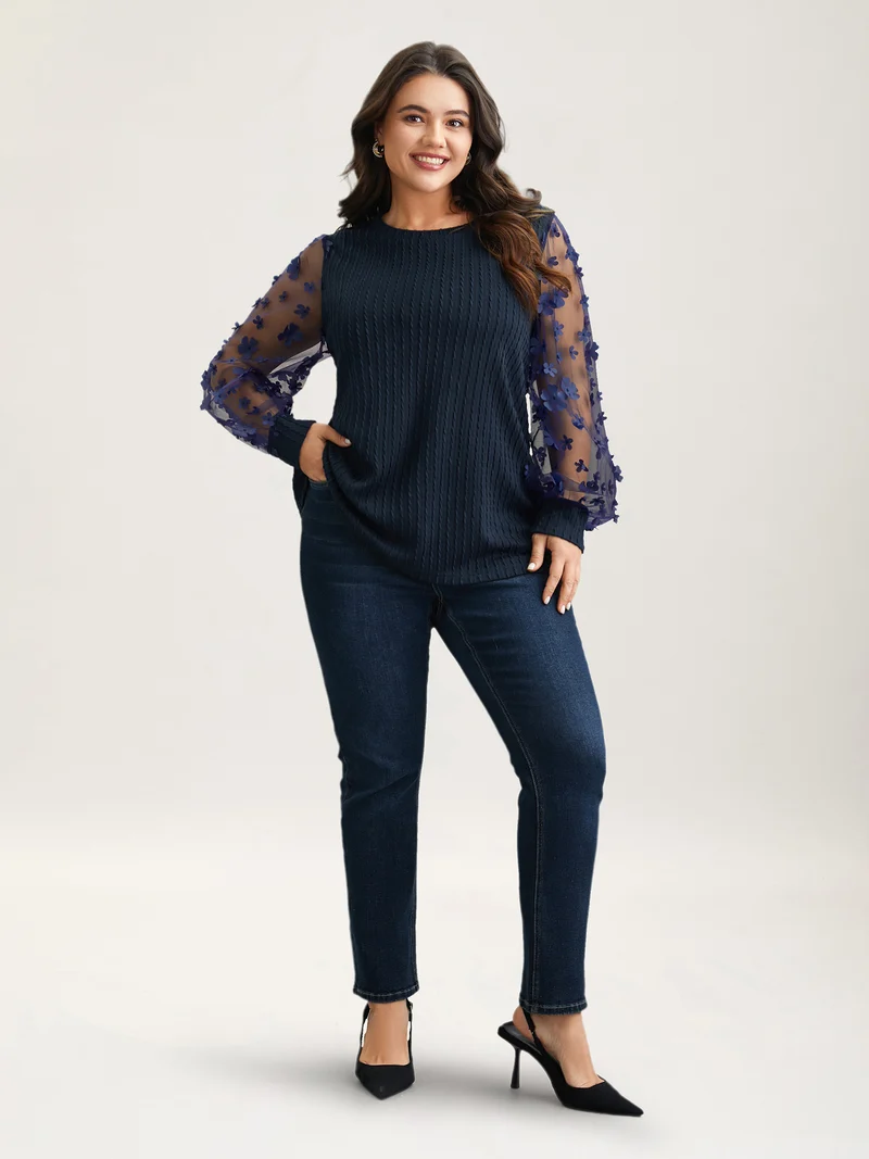 Sheer Sleeve Textured Patchwork Round Neck T-Shirt