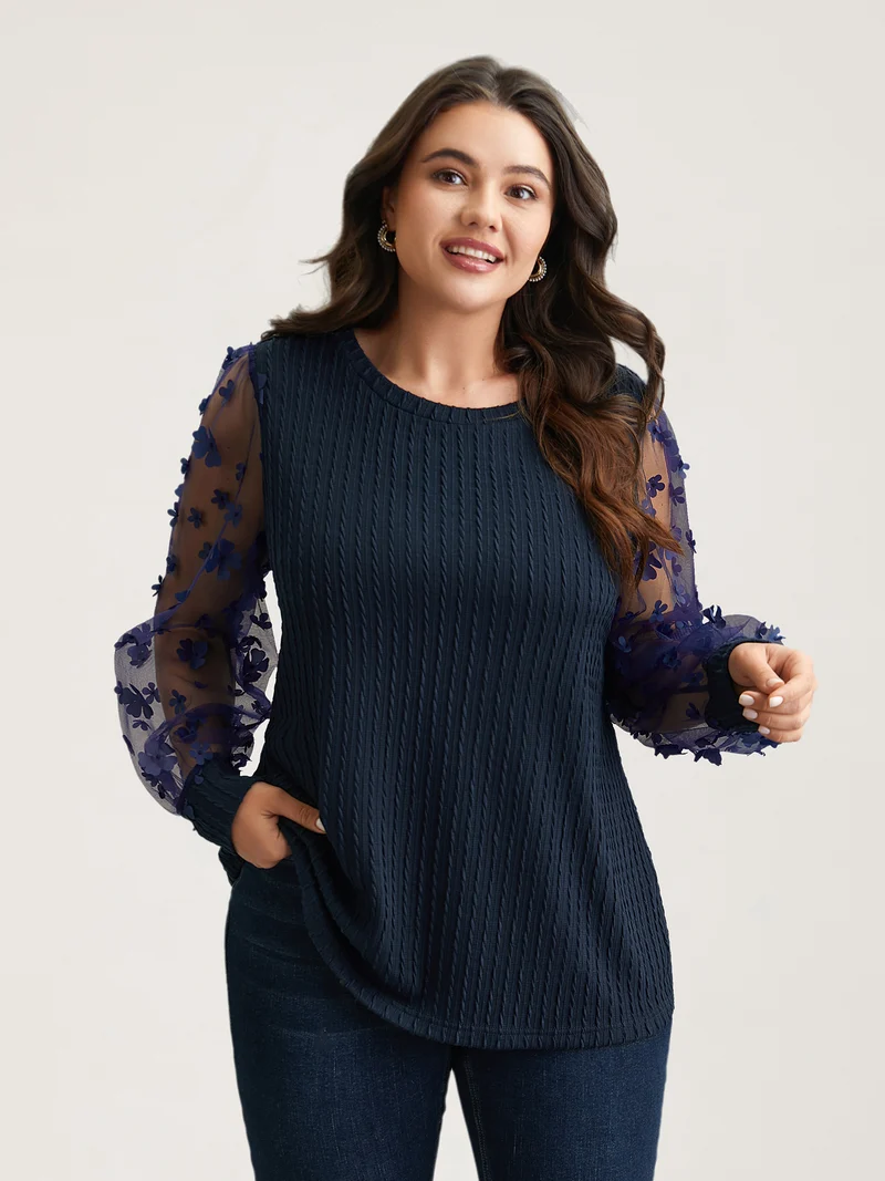 Sheer Sleeve Textured Patchwork Round Neck T-Shirt