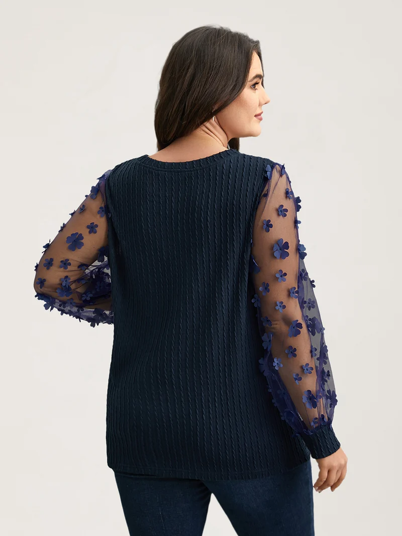 Sheer Sleeve Textured Patchwork Round Neck T-Shirt