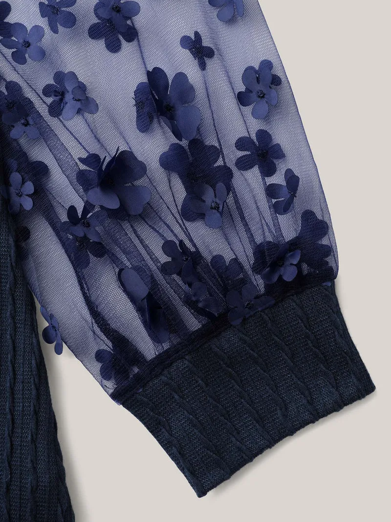 Sheer Sleeve Textured Patchwork Round Neck T-Shirt