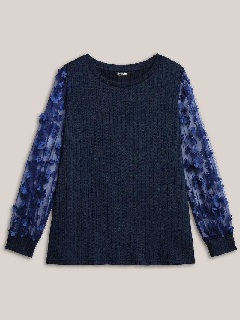 Sheer Sleeve Textured Patchwork Round Neck T-Shirt