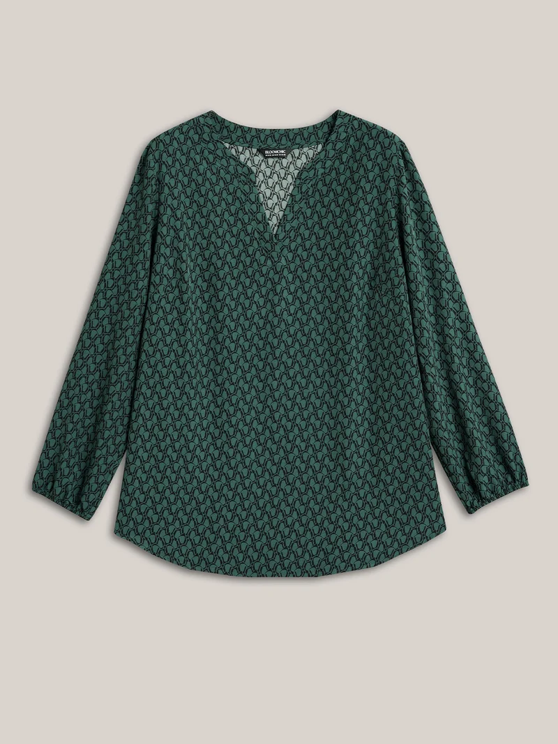 Notched Collar Geometric Print Flowy Blouse