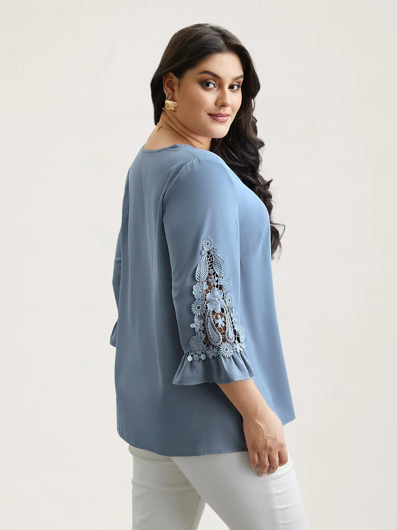 Lace Patchwork Ruffled V-Neck Blouse