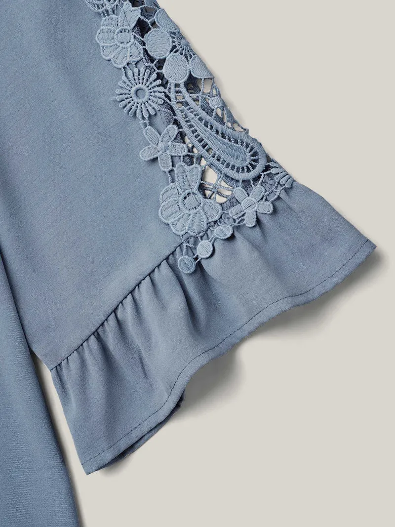 Lace Patchwork Ruffled V-Neck Blouse