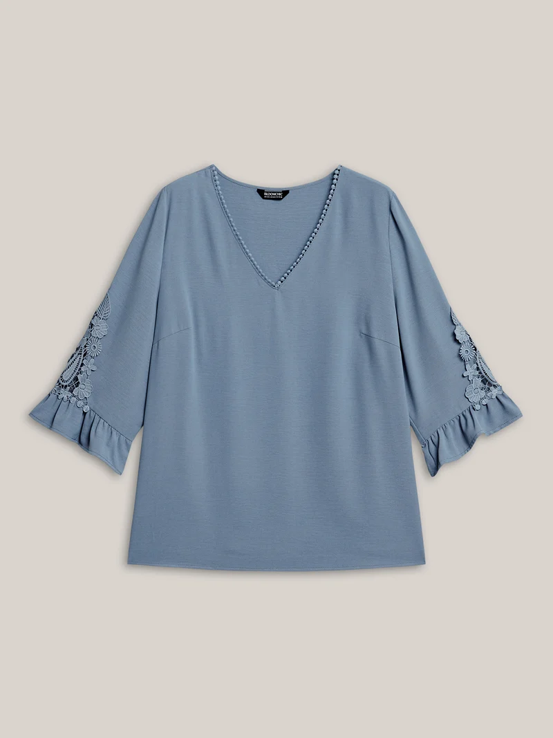 Lace Patchwork Ruffled V-Neck Blouse