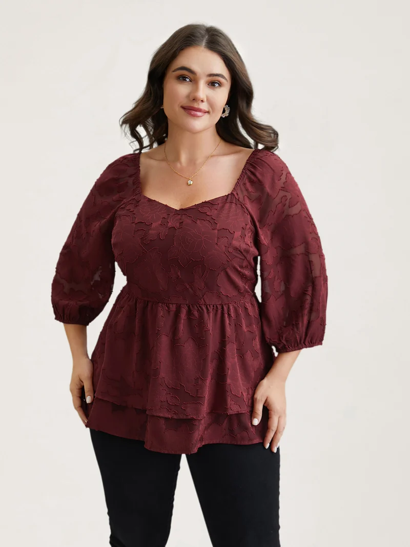 Sweetheart Neckline Jacquard Layered Blouse