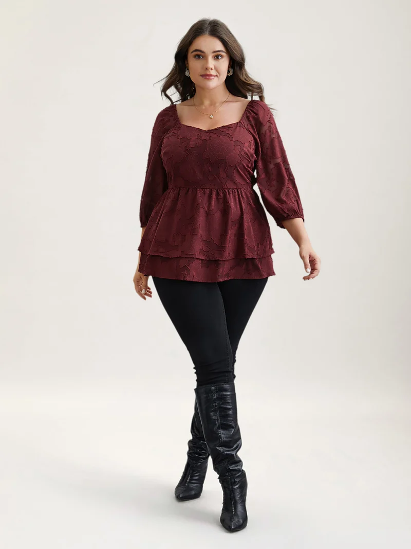 Sweetheart Neckline Jacquard Layered Blouse