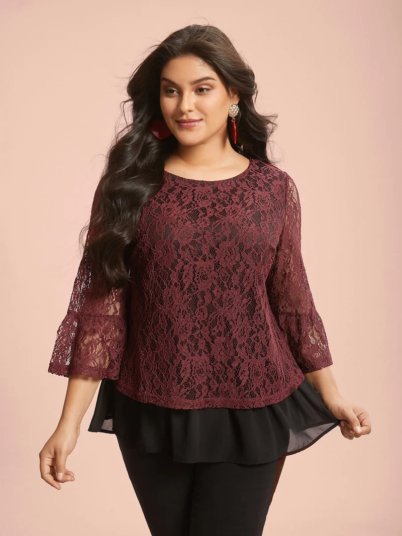 Round Neck Contrast Lace Ruffled Sleeve Blouse