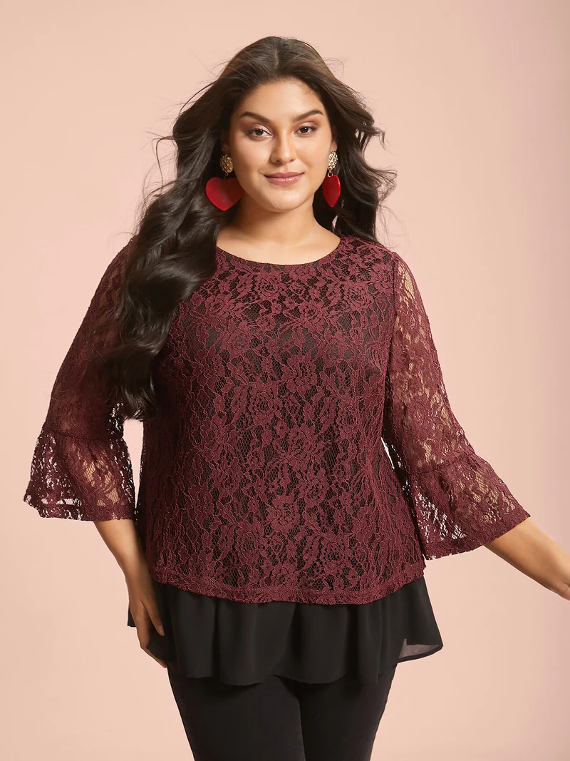 Round Neck Contrast Lace Ruffled Sleeve Blouse