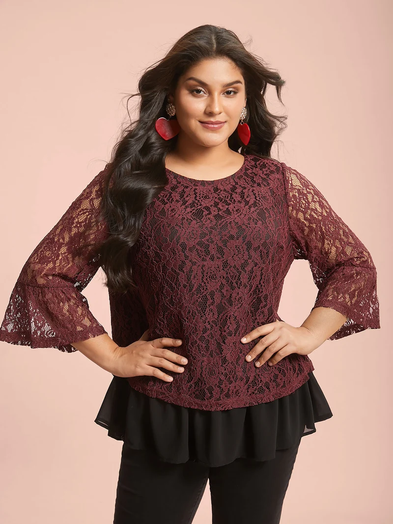 Round Neck Contrast Lace Ruffled Sleeve Blouse