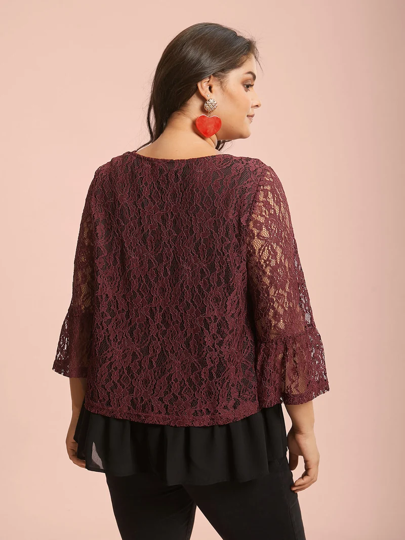 Round Neck Contrast Lace Ruffled Sleeve Blouse