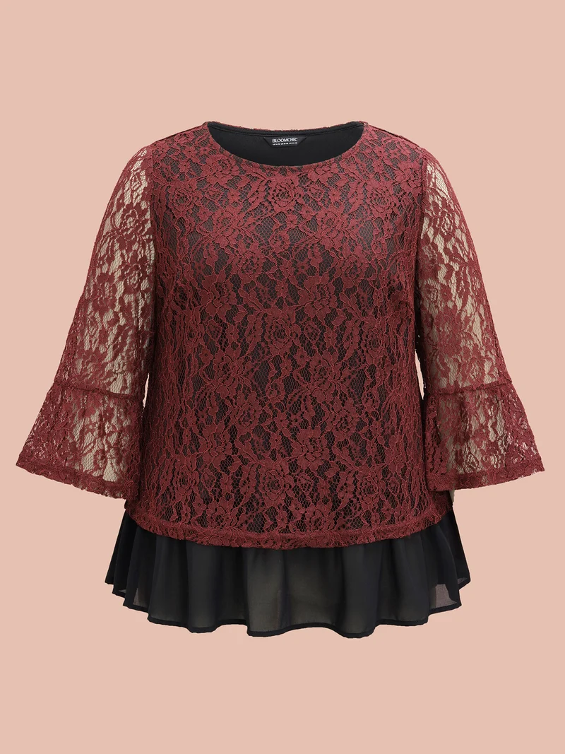 Round Neck Contrast Lace Ruffled Sleeve Blouse