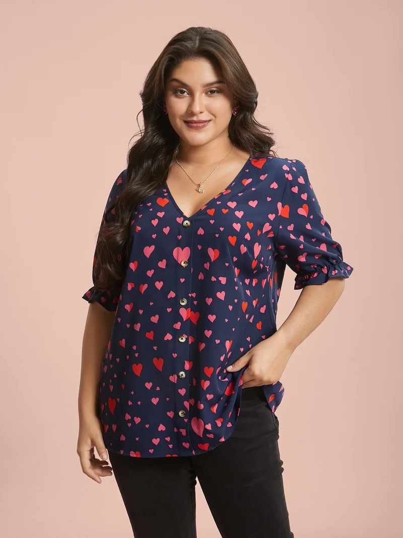 Heart Pattern Button Detail Ruffle Blouse
