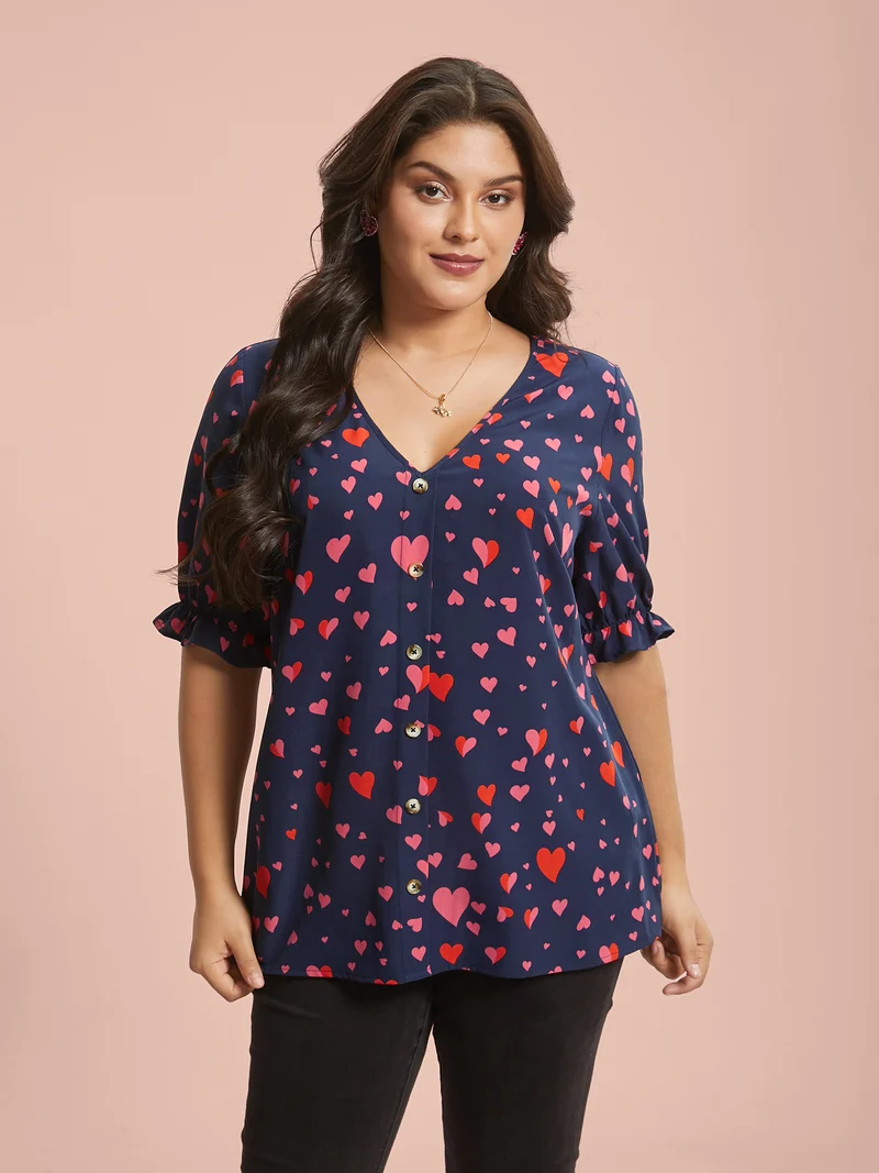Heart Pattern Button Detail Ruffle Blouse