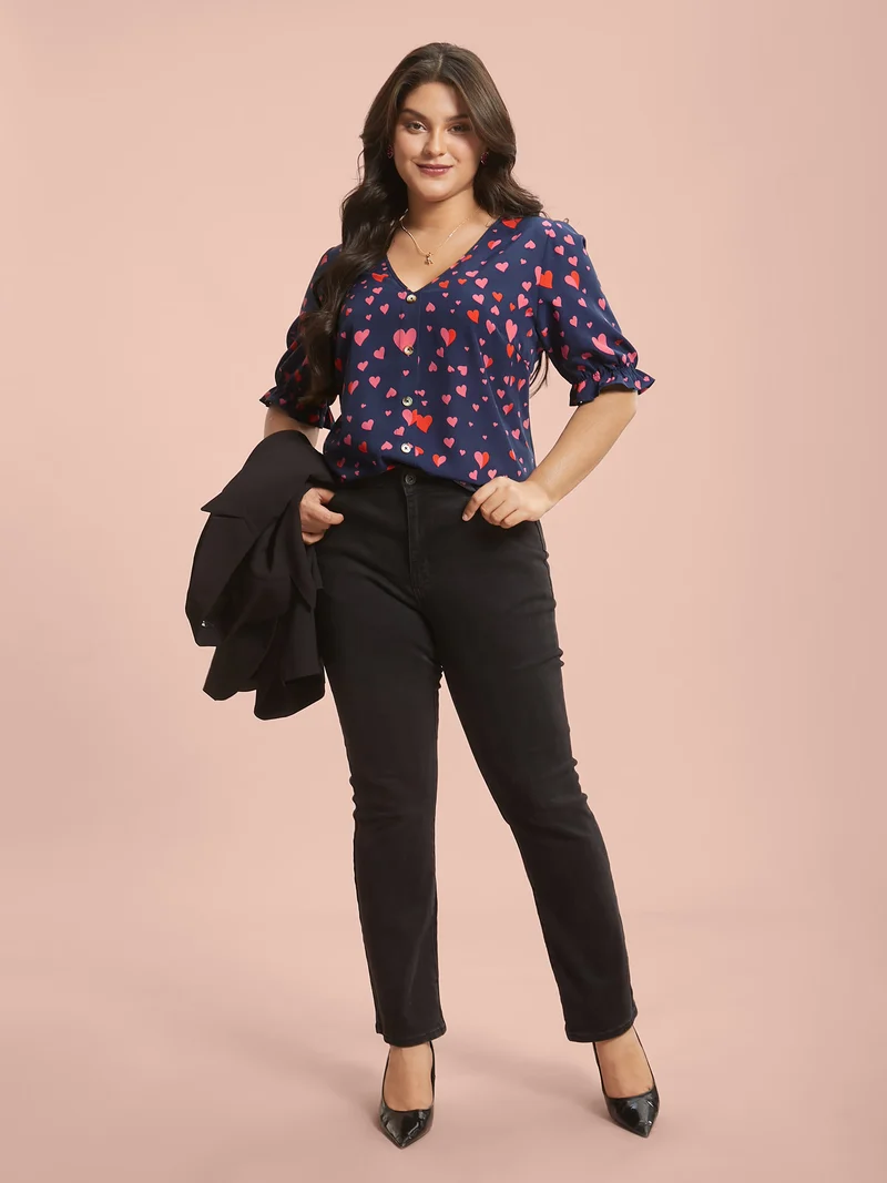Heart Pattern Button Detail Ruffle Blouse