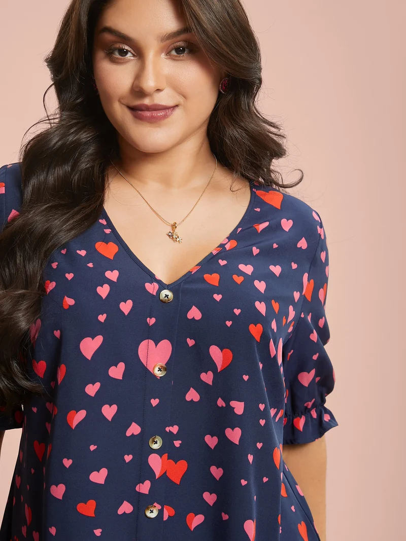 Heart Pattern Button Detail Ruffle Blouse