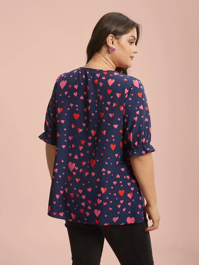Heart Pattern Button Detail Ruffle Blouse
