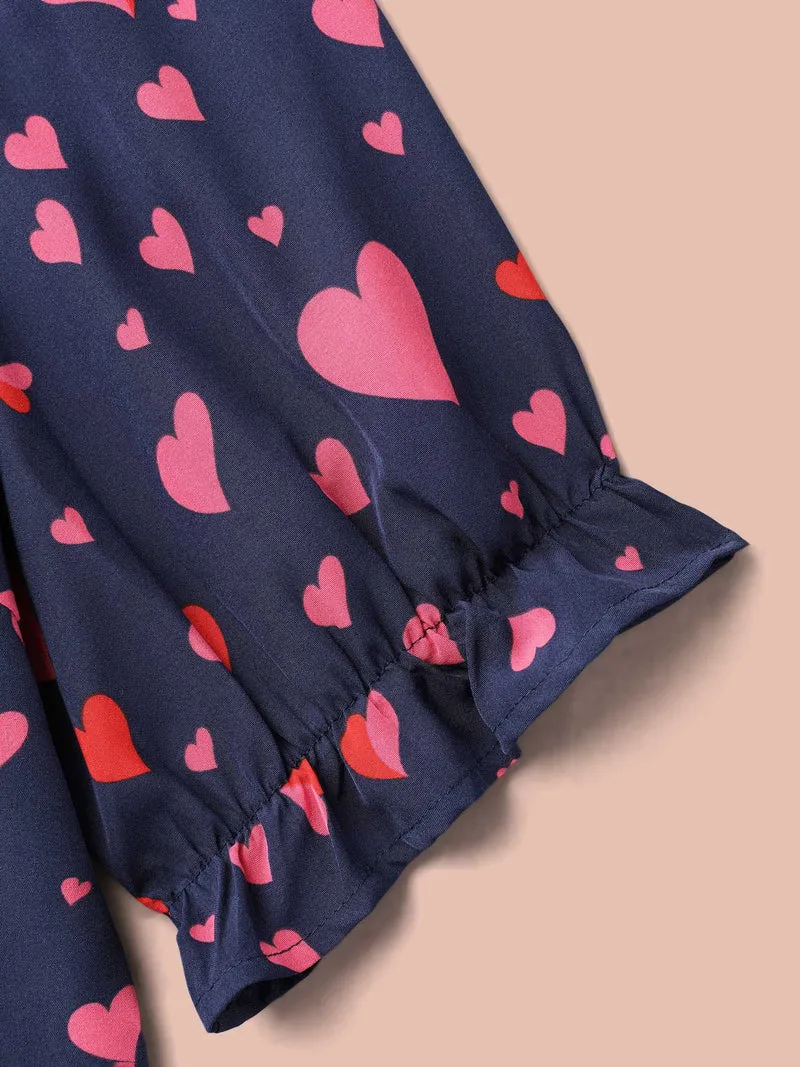 Heart Pattern Button Detail Ruffle Blouse