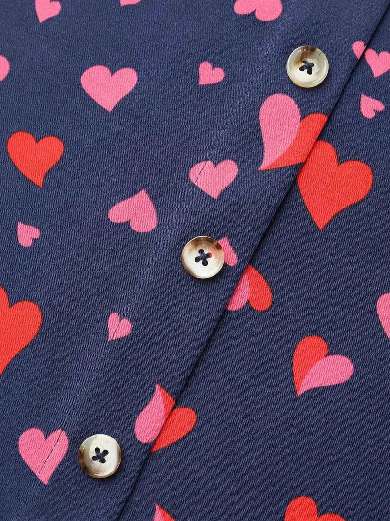 Heart Pattern Button Detail Ruffle Blouse