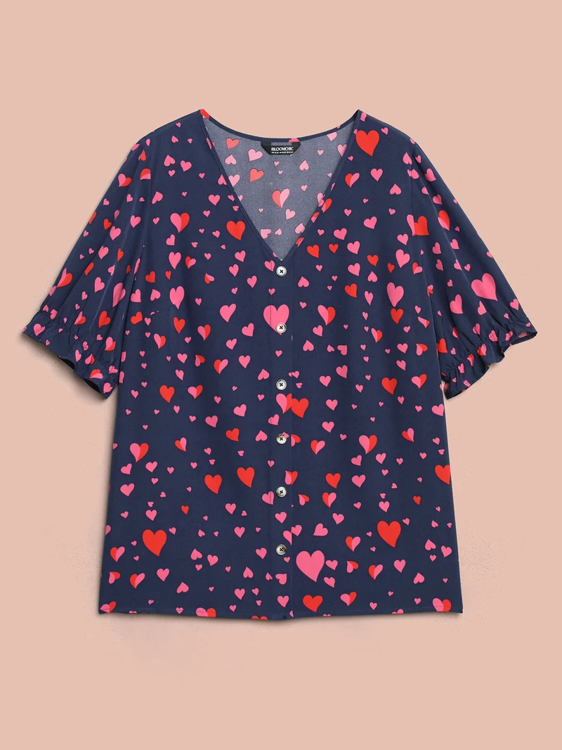 Heart Pattern Button Detail Ruffle Blouse