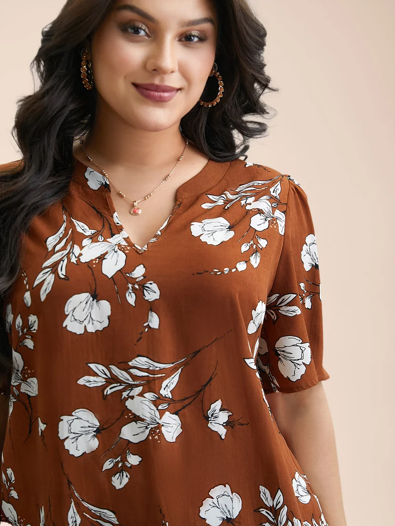 Floral Print Notched Collar Hi-Low Hem Blouse