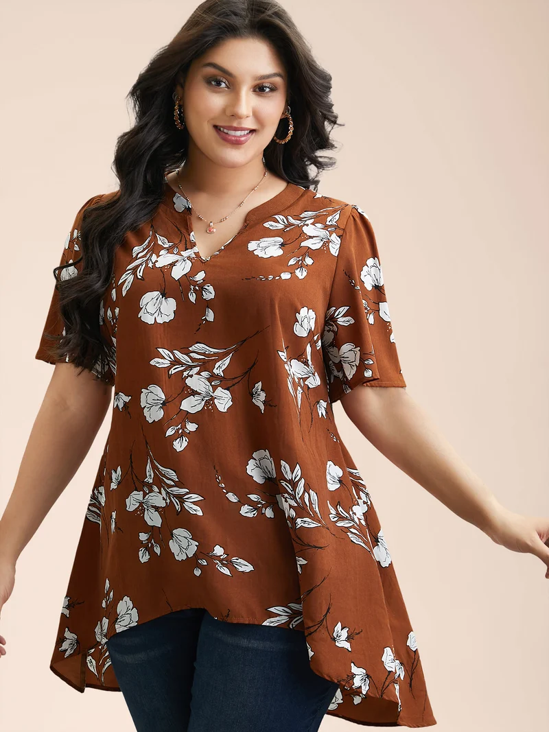 Floral Print Notched Collar Hi-Low Hem Blouse