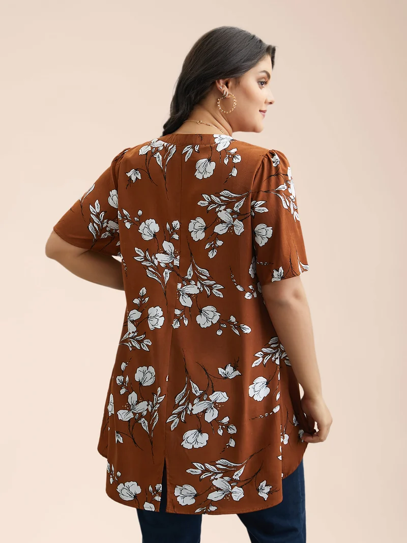 Floral Print Notched Collar Hi-Low Hem Blouse
