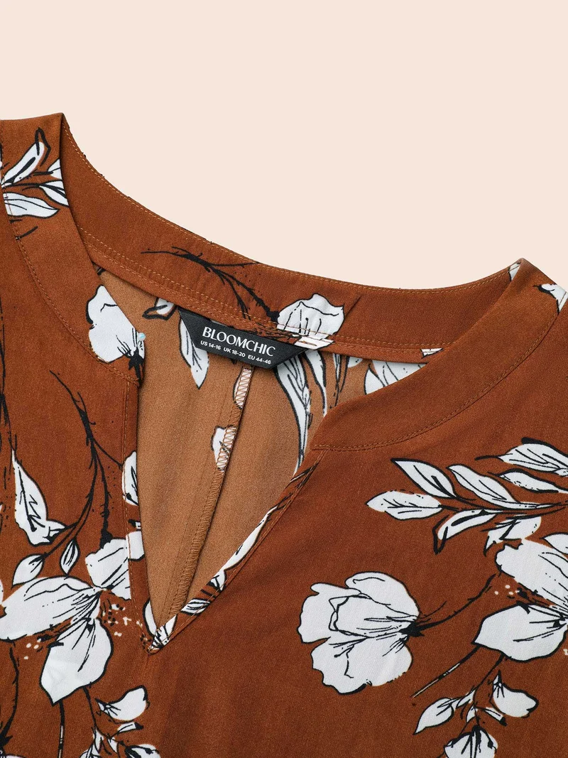 Floral Print Notched Collar Hi-Low Hem Blouse