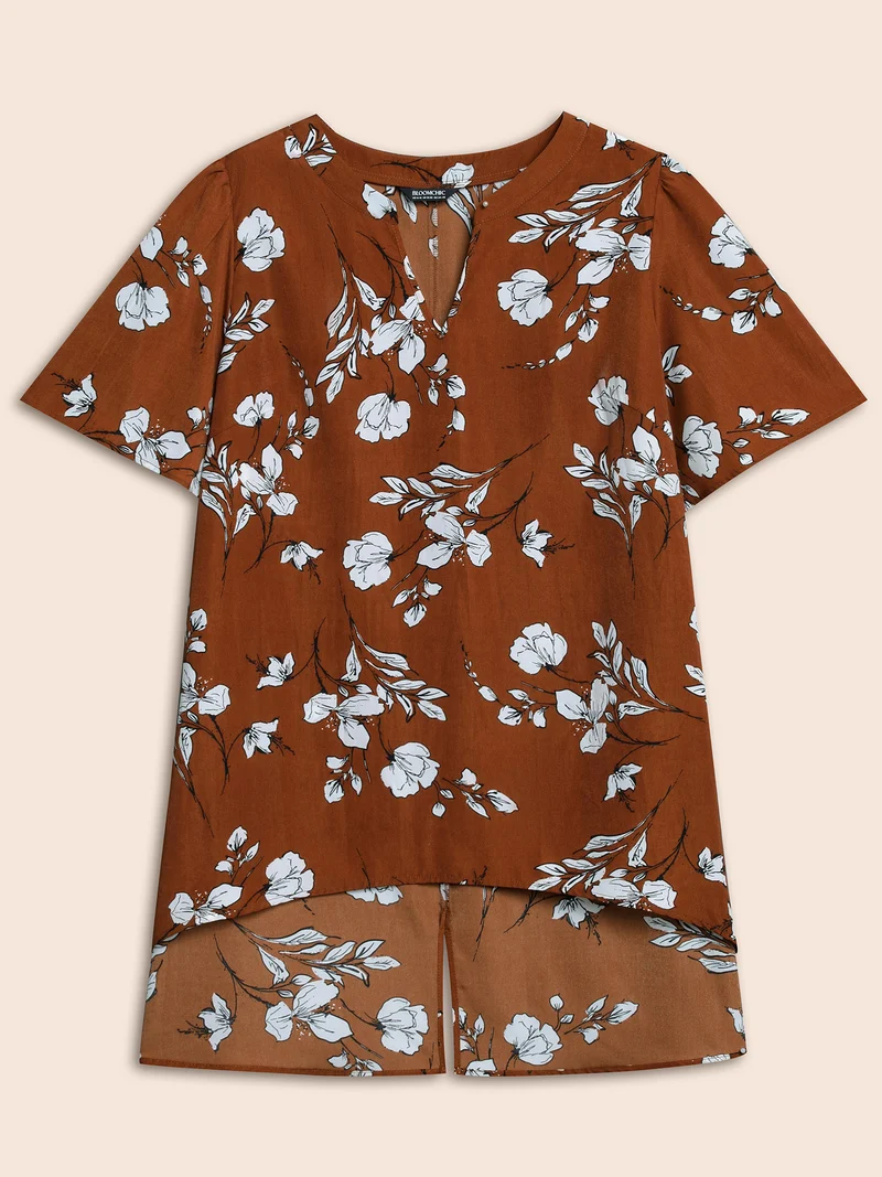 Floral Print Notched Collar Hi-Low Hem Blouse
