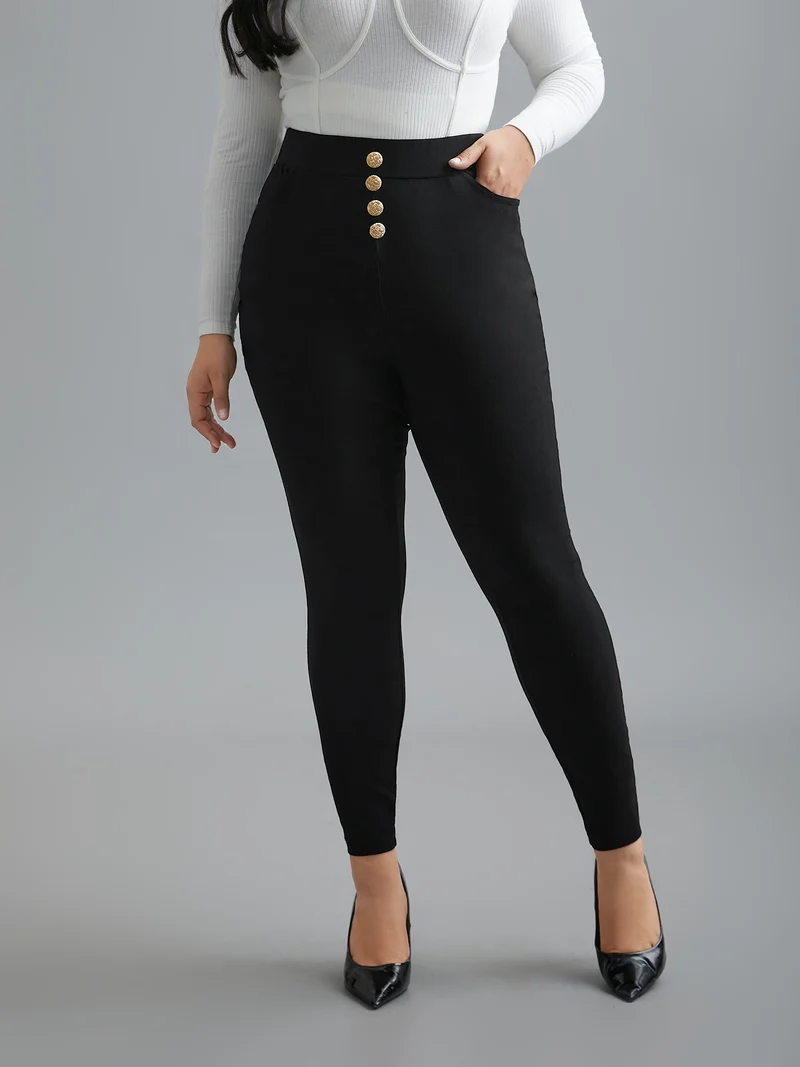Plain Button Detail Skinny Fit Pants