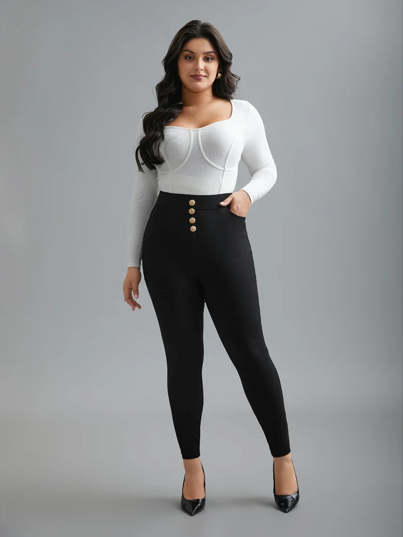 Plain Button Detail Skinny Fit Pants