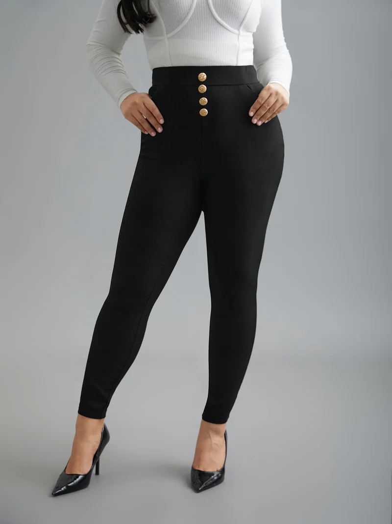 Plain Button Detail Skinny Fit Pants