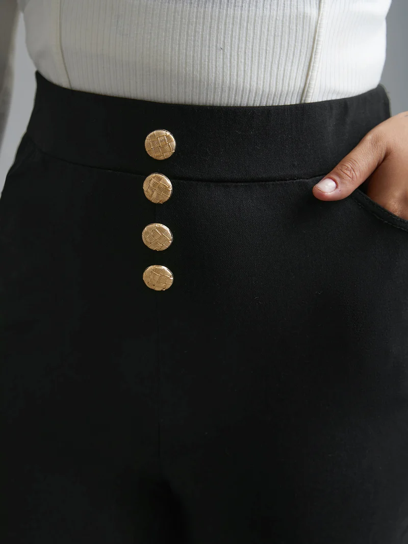 Plain Button Detail Skinny Fit Pants