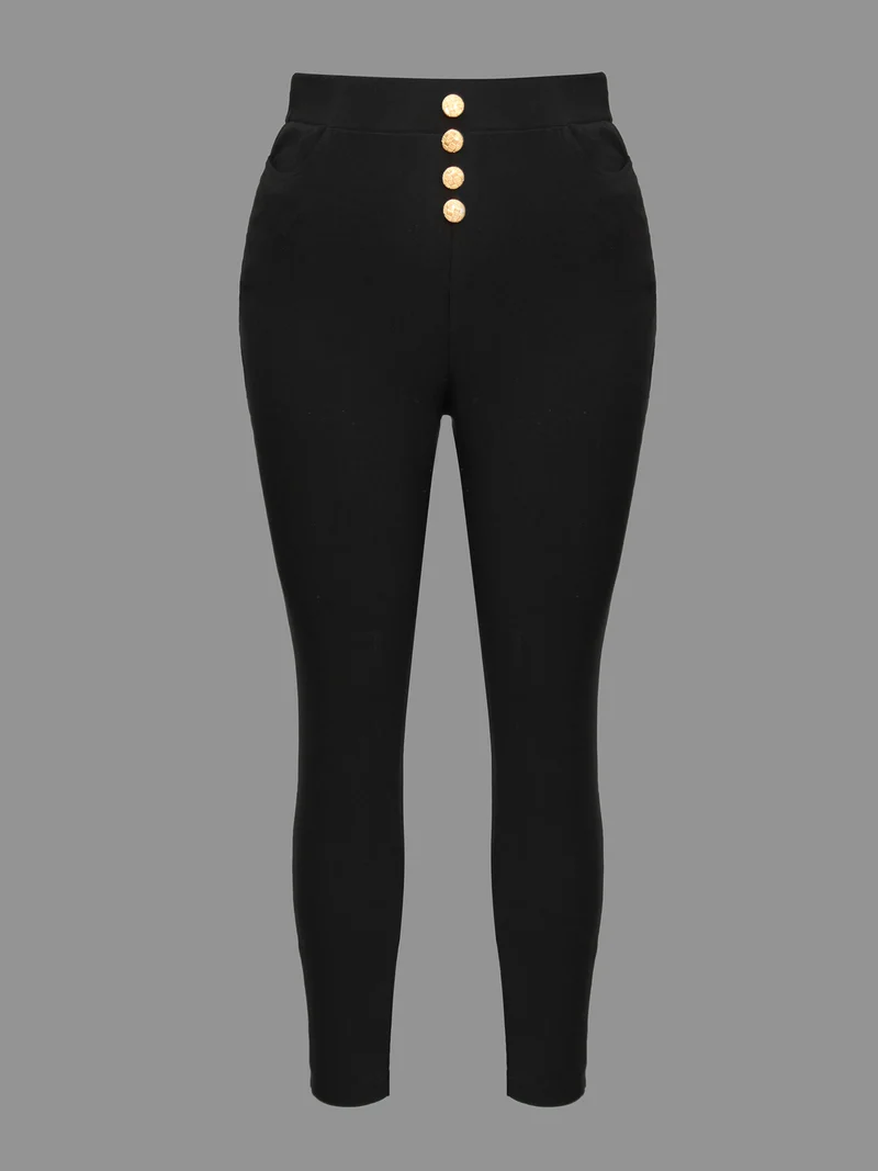 Plain Button Detail Skinny Fit Pants