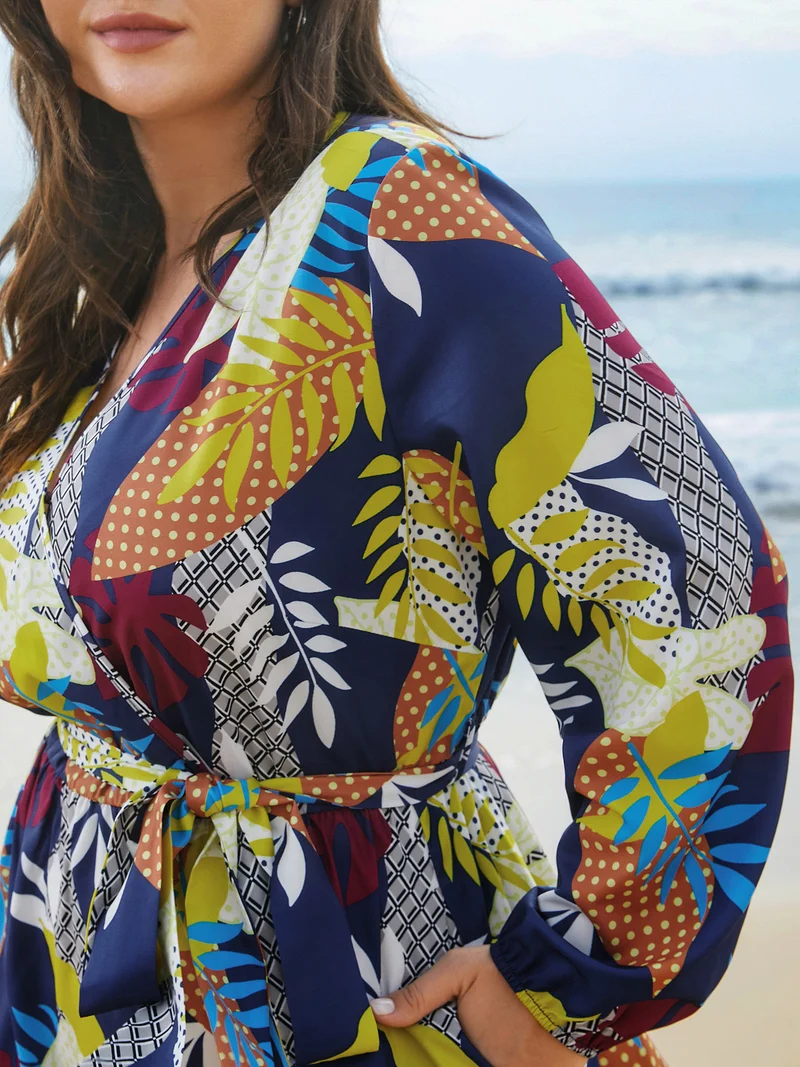 Surplice Neck Tropical Leaf Pockets Midi Dress