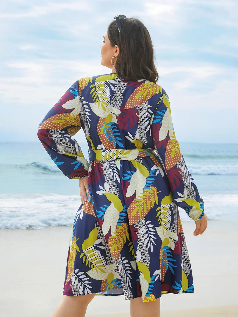 Surplice Neck Tropical Leaf Pockets Midi Dress