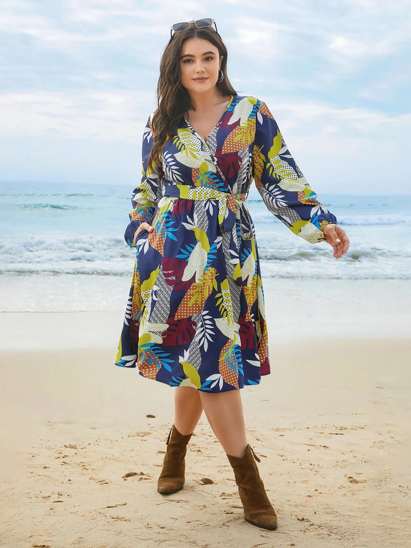 Surplice Neck Tropical Leaf Pockets Midi Dress