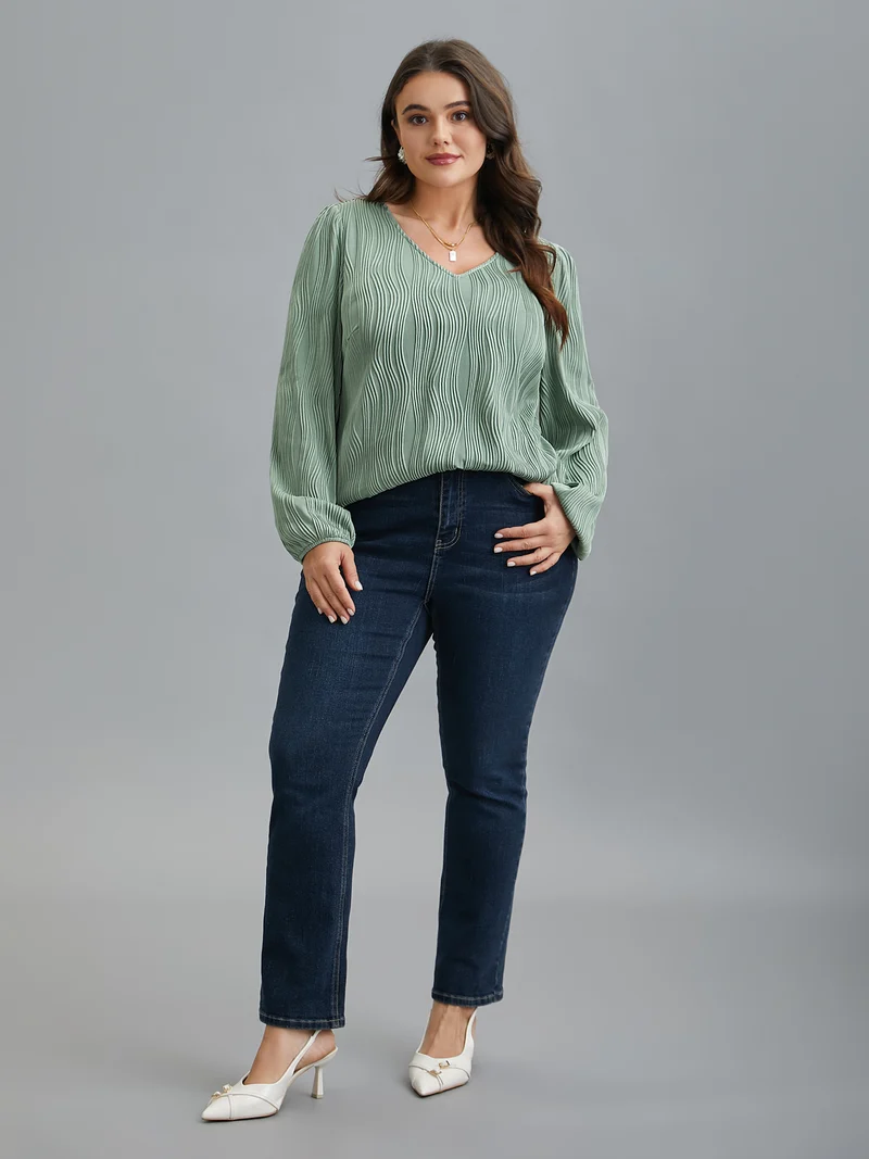 V-Neck Textured Balloon Sleeve Blouse