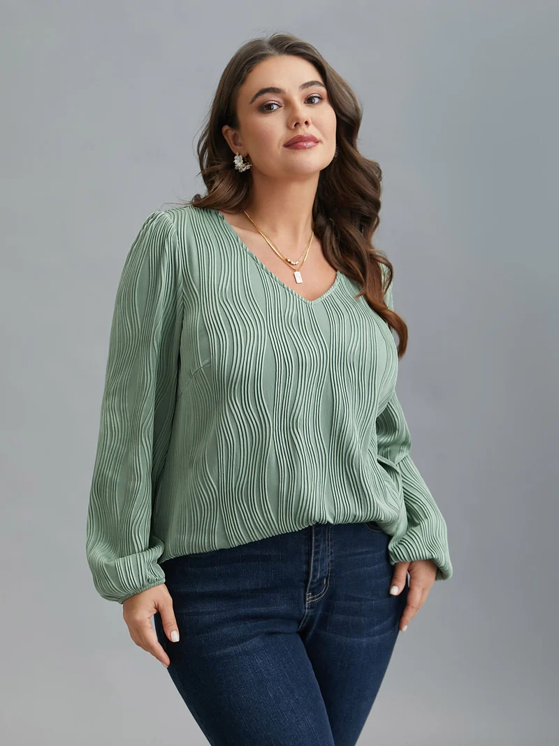 V-Neck Textured Balloon Sleeve Blouse