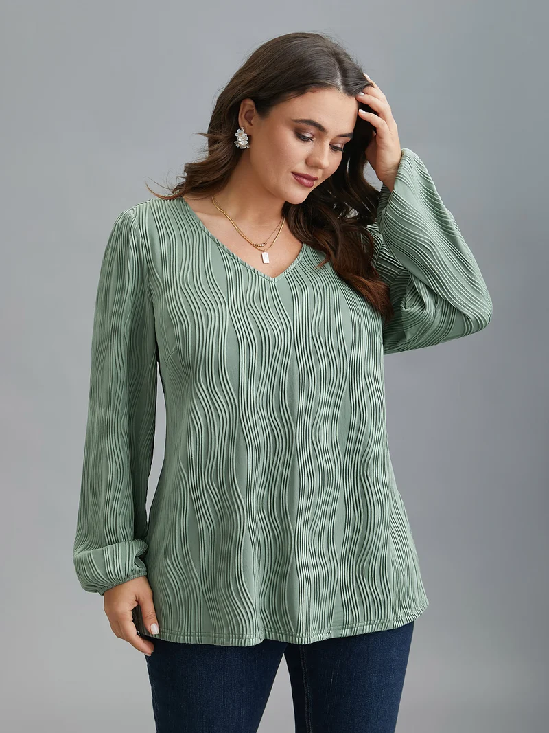 V-Neck Textured Balloon Sleeve Blouse