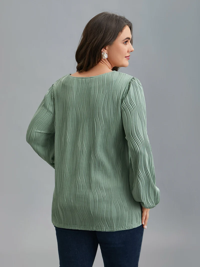 V-Neck Textured Balloon Sleeve Blouse