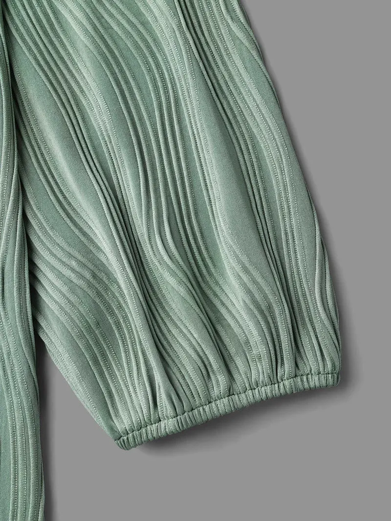 V-Neck Textured Balloon Sleeve Blouse