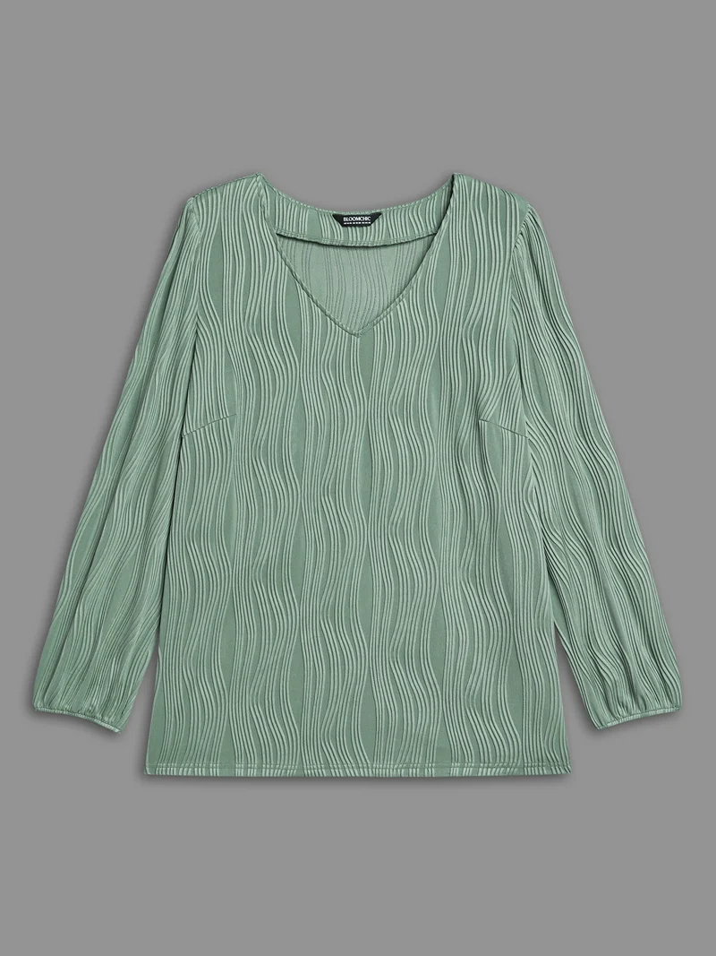 V-Neck Textured Balloon Sleeve Blouse