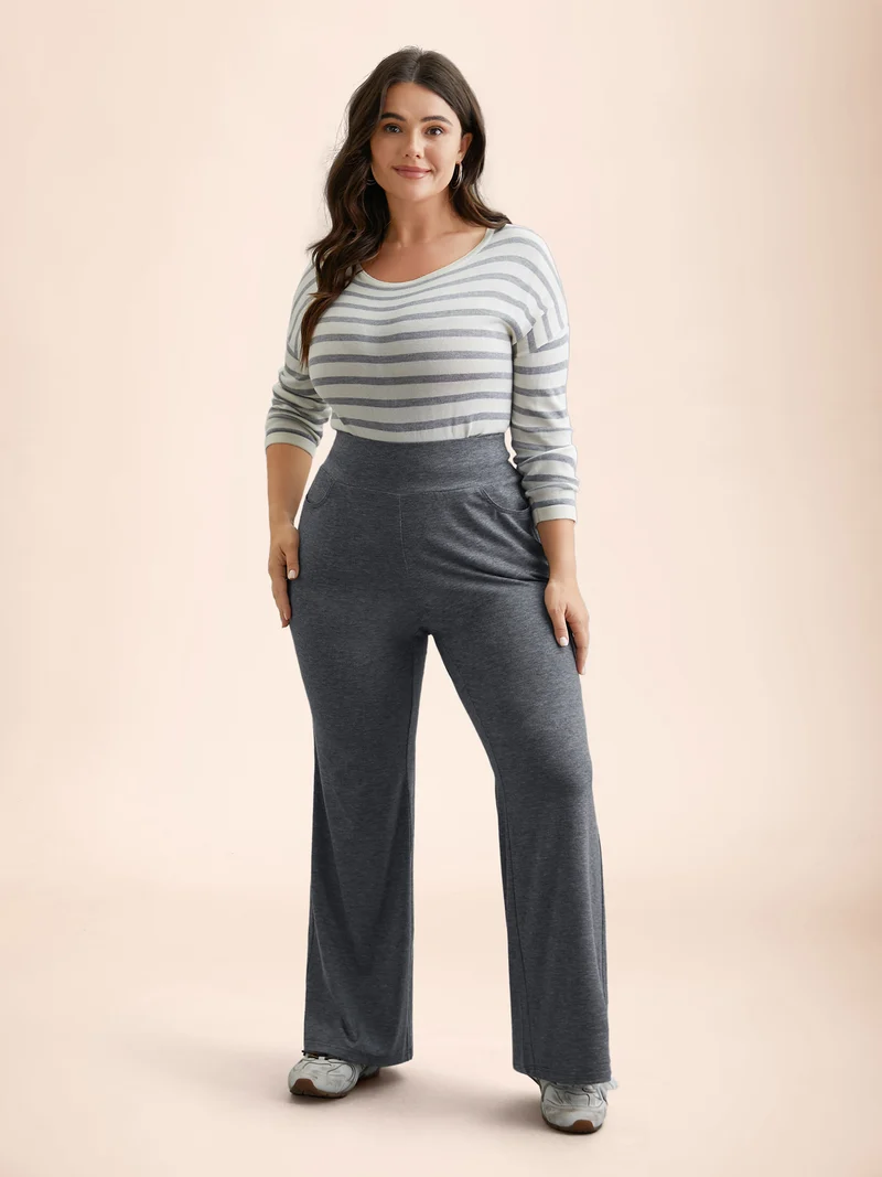 Stretchy-Waist Heather Texture Flared Pants