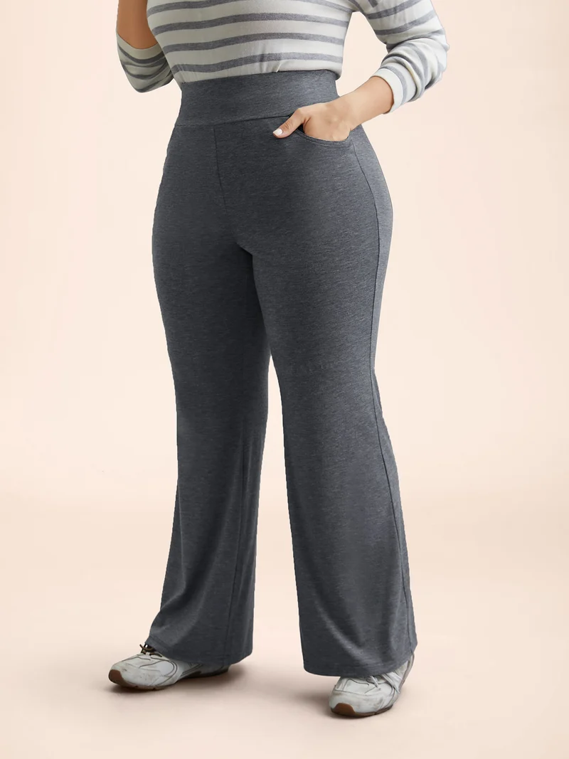 Stretchy-Waist Heather Texture Flared Pants