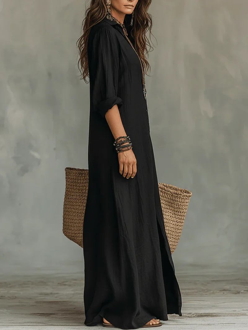 Veronica™ | Robe Maxi Noire Longue avec Boutons